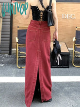 Lunivop Women’s Red Split Back Denim Skirt Summer Chic Design Street Style Solid Color Female